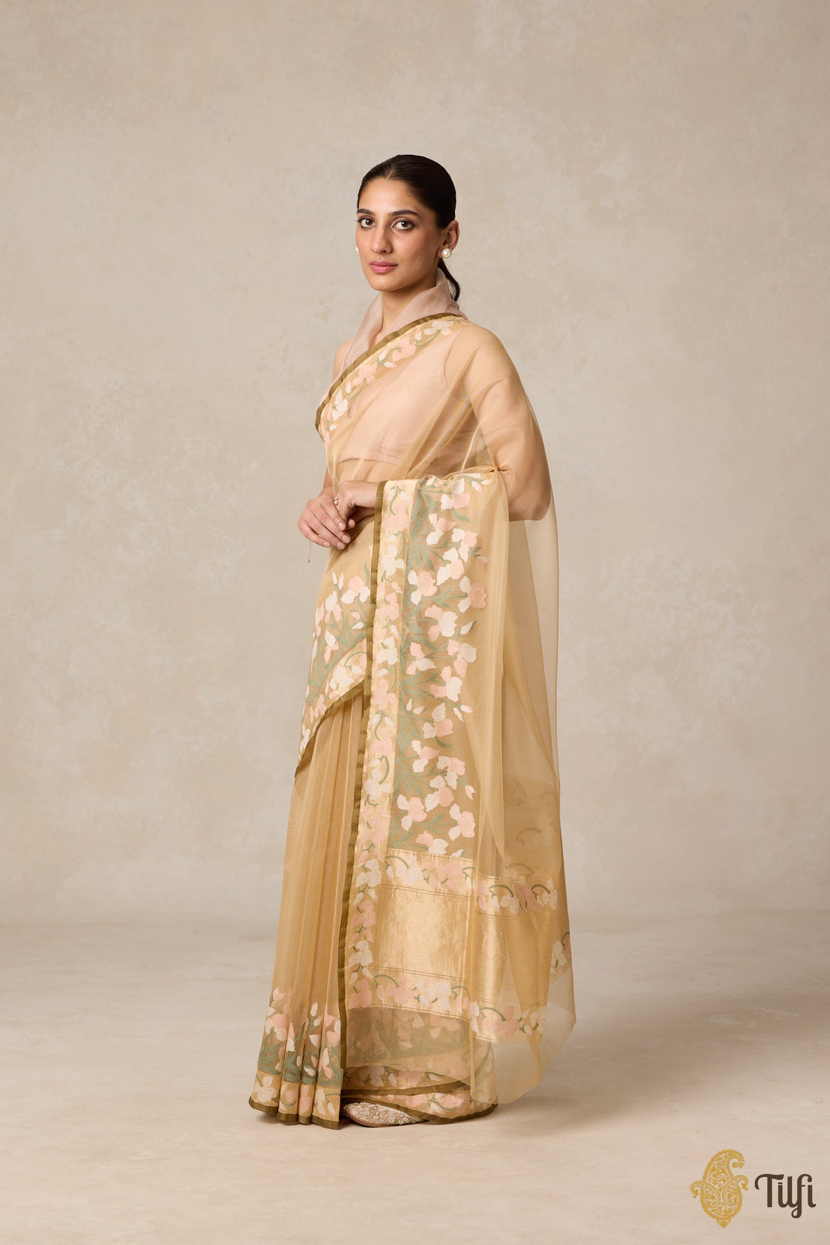 Pre-Order: &#39;A Sweep of Irises&#39; Beige Pure Kora Silk Net Banarasi Handloom Saree