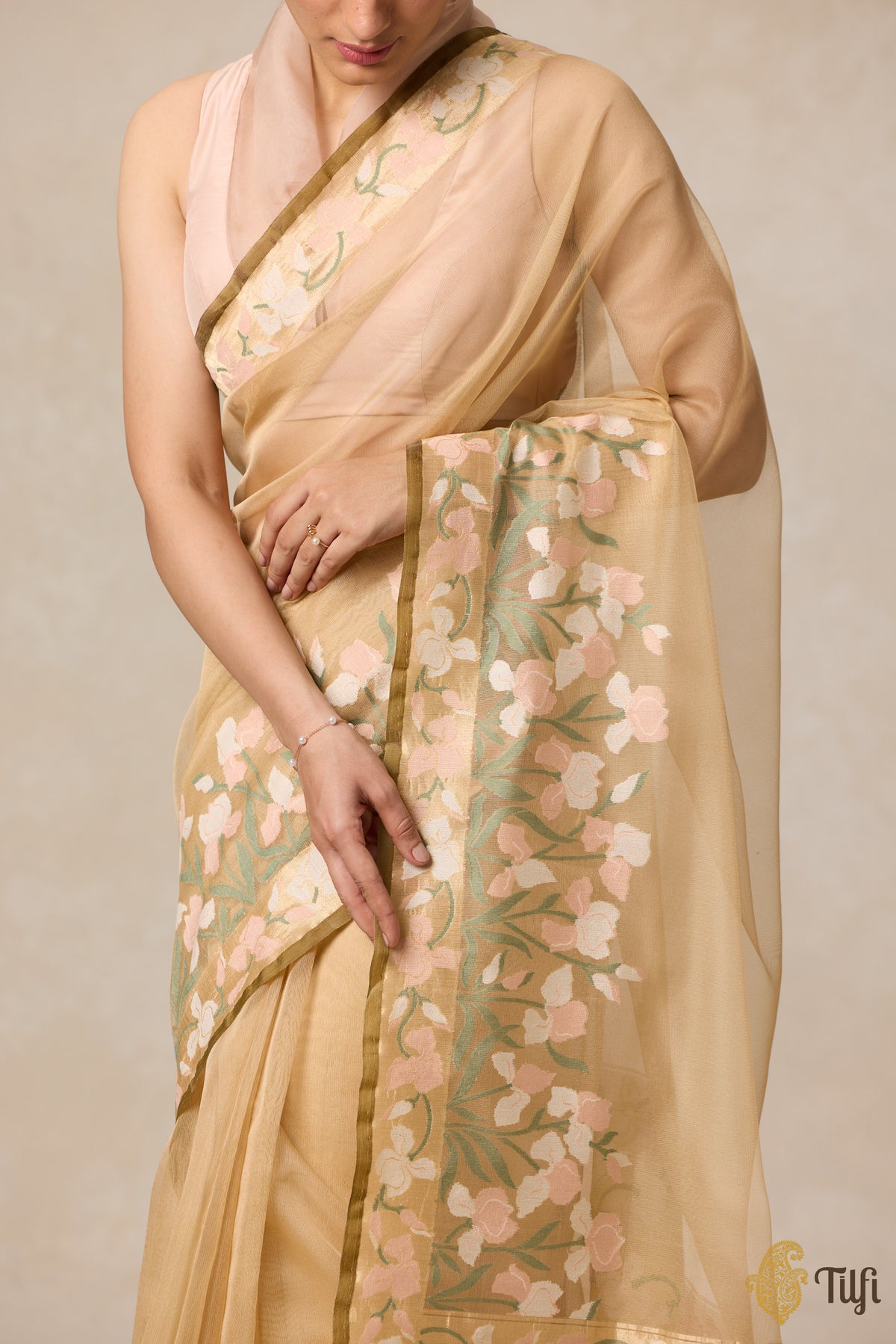 Pre-Order: &#39;A Sweep of Irises&#39; Beige Pure Kora Silk Net Banarasi Handloom Saree