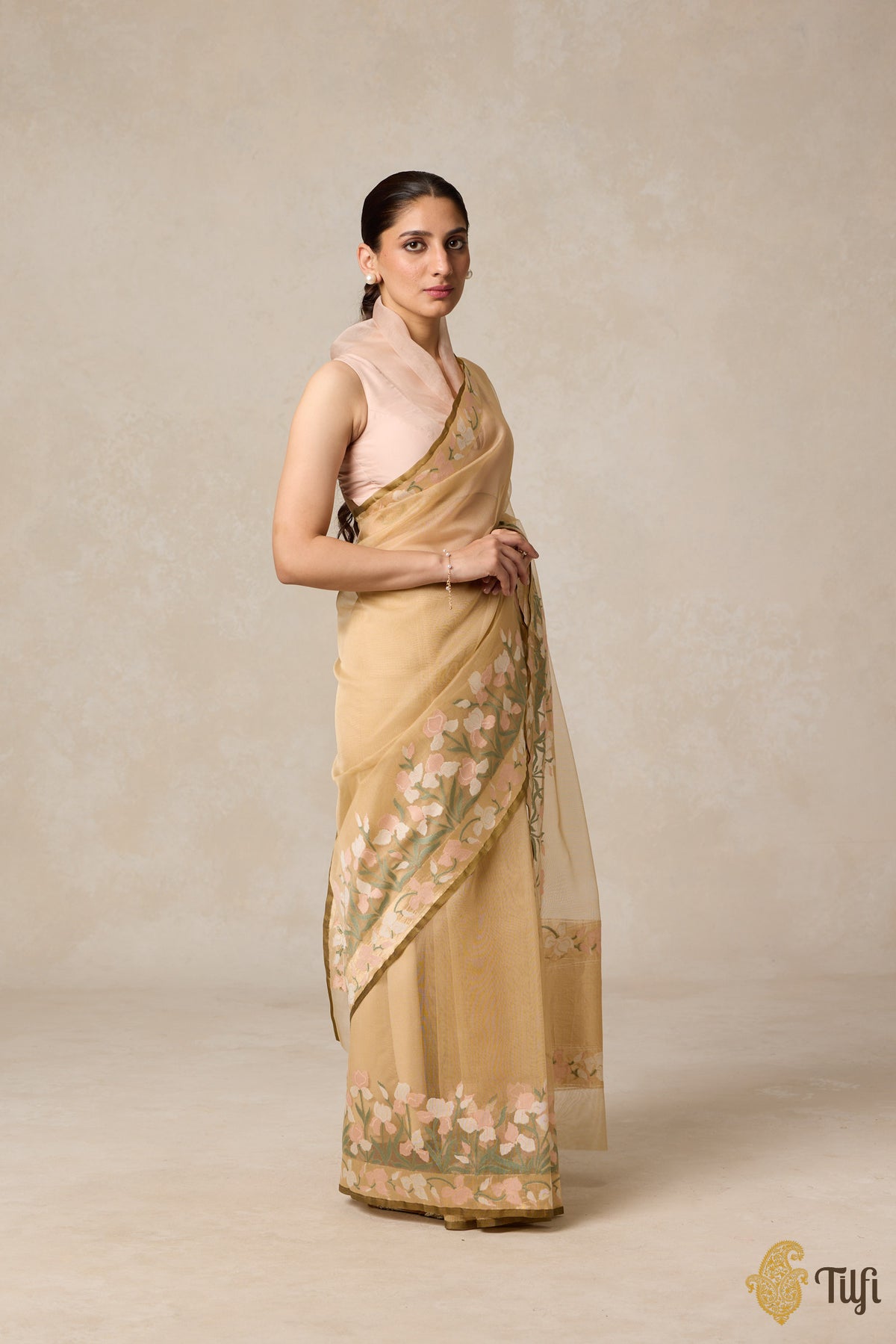 Pre-Order: &#39;A Sweep of Irises&#39; Beige Pure Kora Silk Net Banarasi Handloom Saree