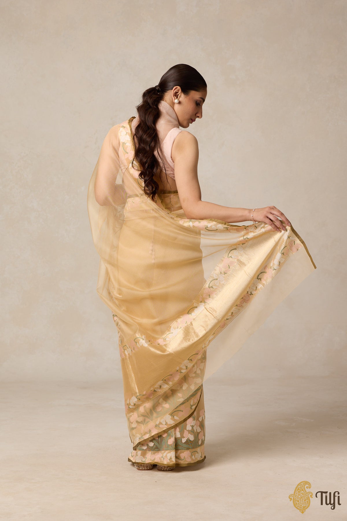 Pre-Order: &#39;A Sweep of Irises&#39; Beige Pure Kora Silk Net Banarasi Handloom Saree