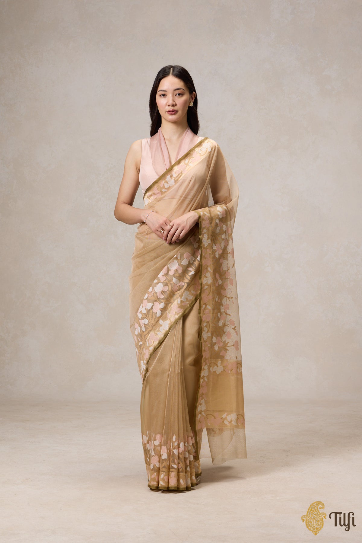 &#39;A Sweep of Irises&#39; Beige Pure Kora Silk Net Banarasi Handloom Saree