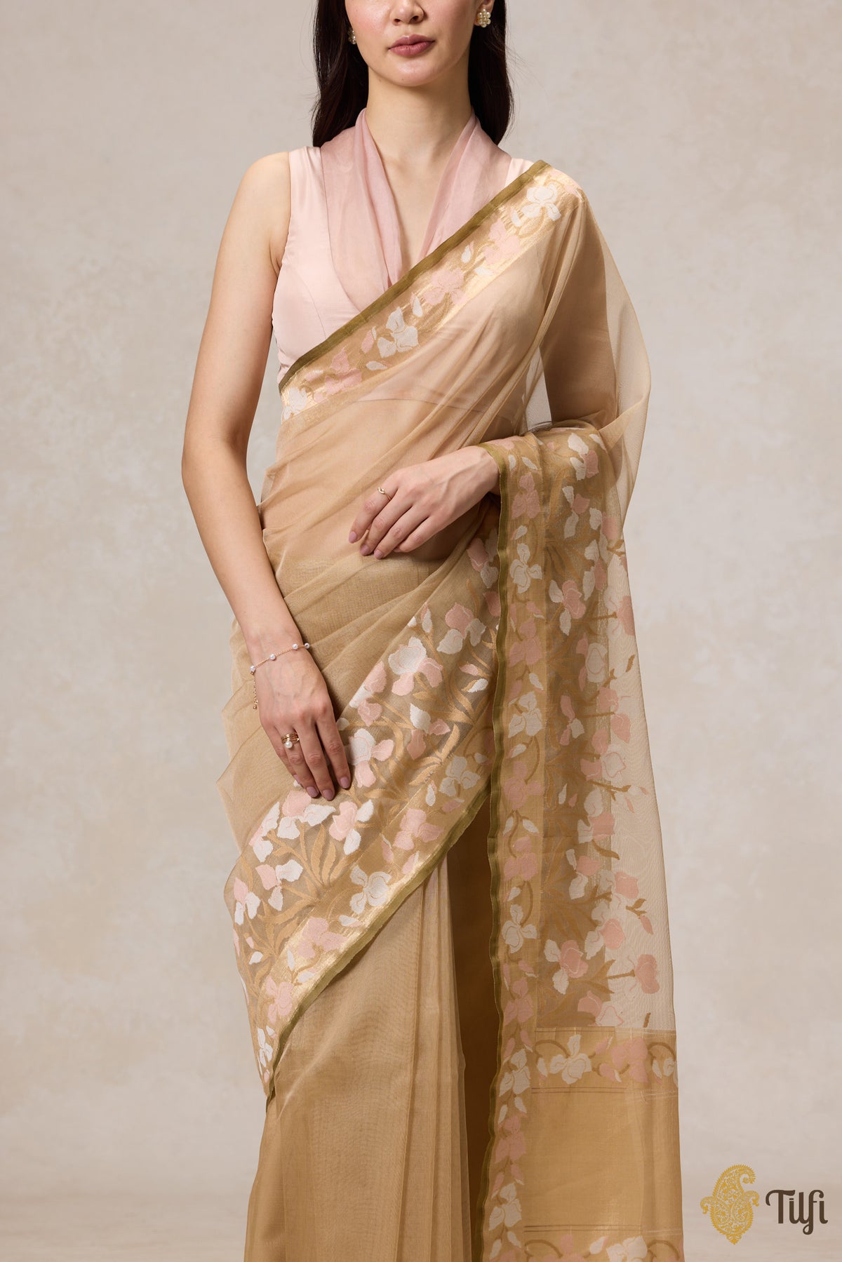 &#39;A Sweep of Irises&#39; Beige Pure Kora Silk Net Banarasi Handloom Saree