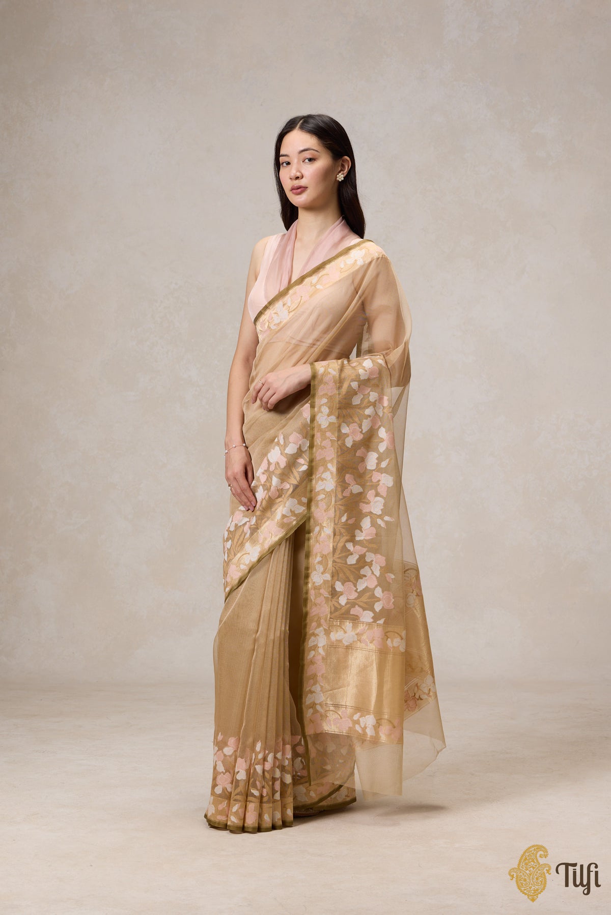 &#39;A Sweep of Irises&#39; Beige Pure Kora Silk Net Banarasi Handloom Saree