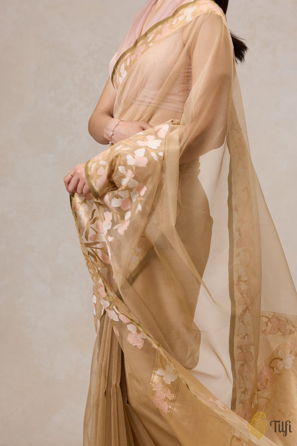 &#39;A Sweep of Irises&#39; Beige Pure Kora Silk Net Banarasi Handloom Saree