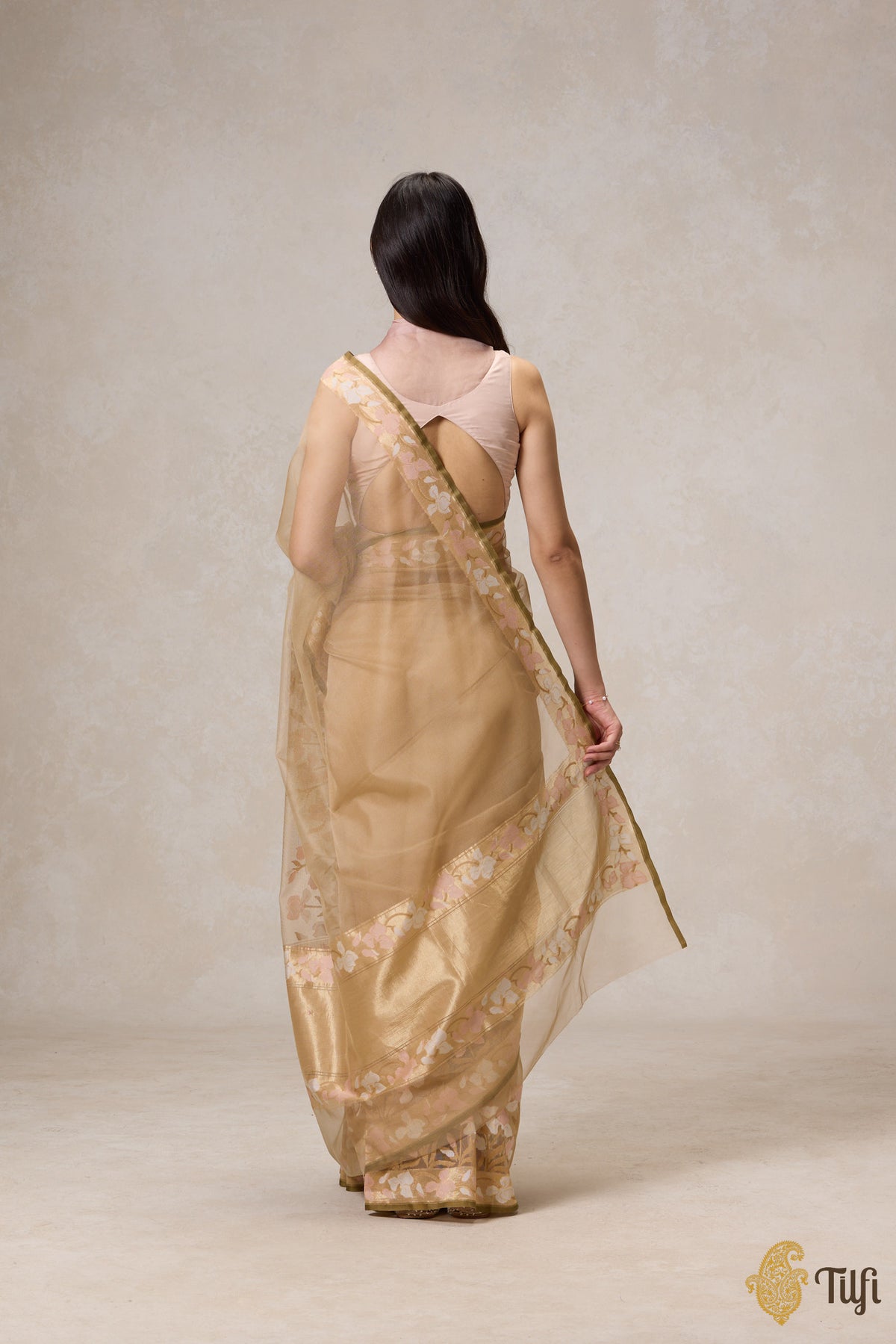 &#39;A Sweep of Irises&#39; Beige Pure Kora Silk Net Banarasi Handloom Saree