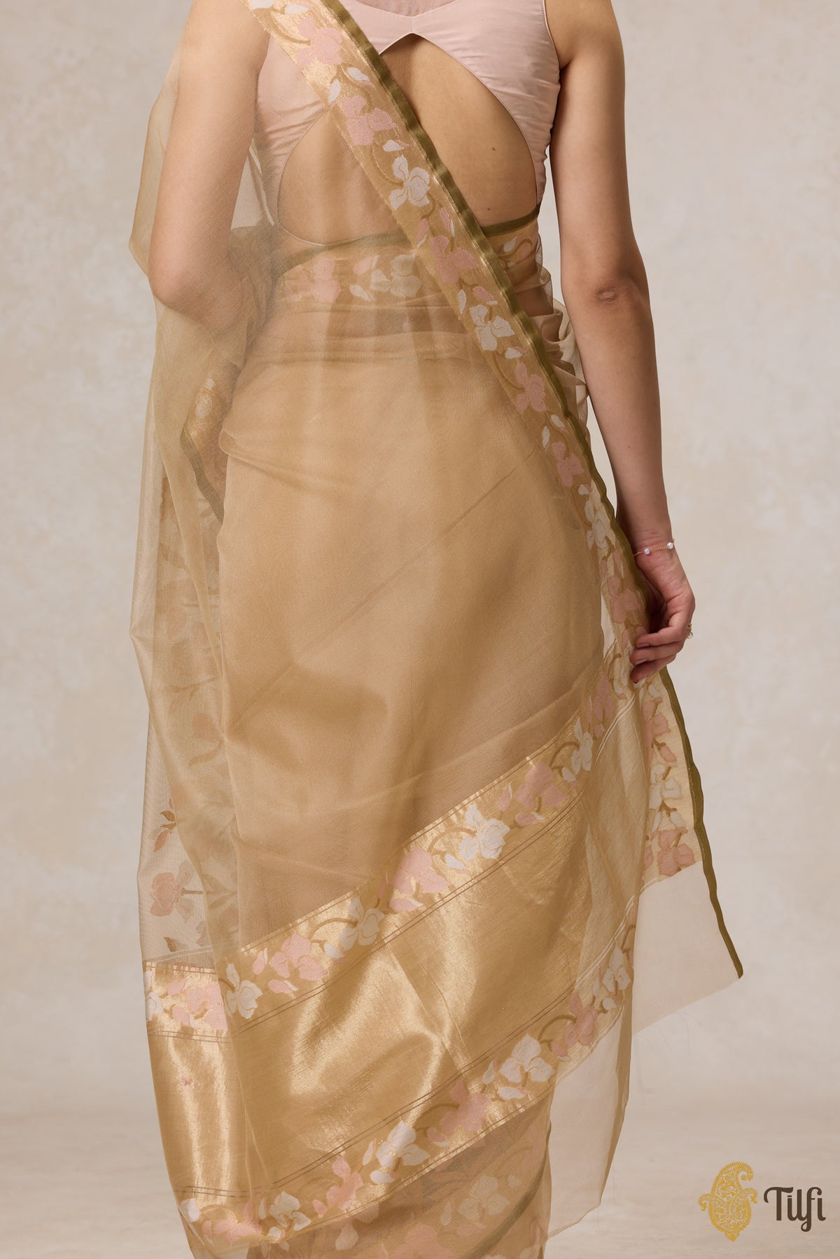 &#39;A Sweep of Irises&#39; Beige Pure Kora Silk Net Banarasi Handloom Saree