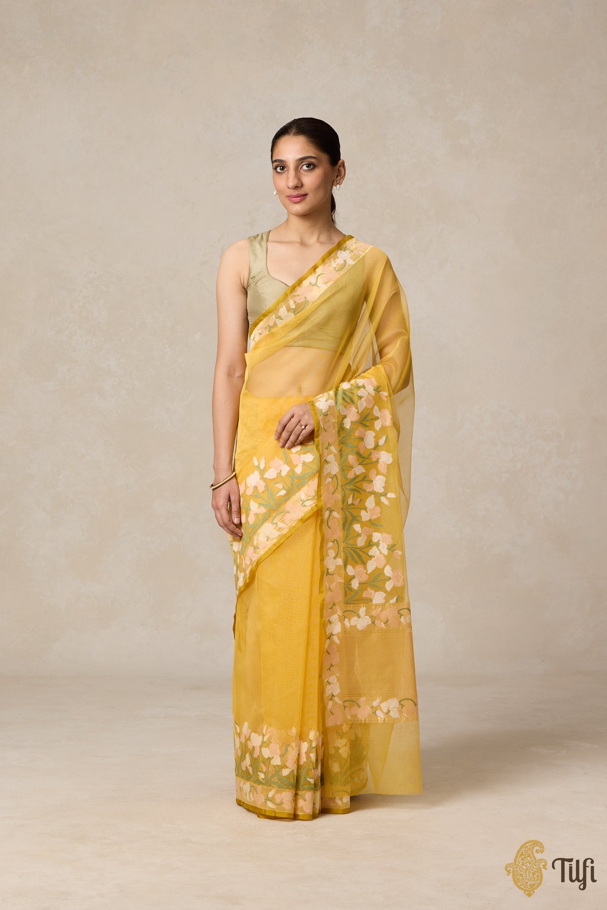 Pre-Order: &#39;A Sweep of Irises&#39; Yellow Pure Kora Silk Net Banarasi Handloom Saree