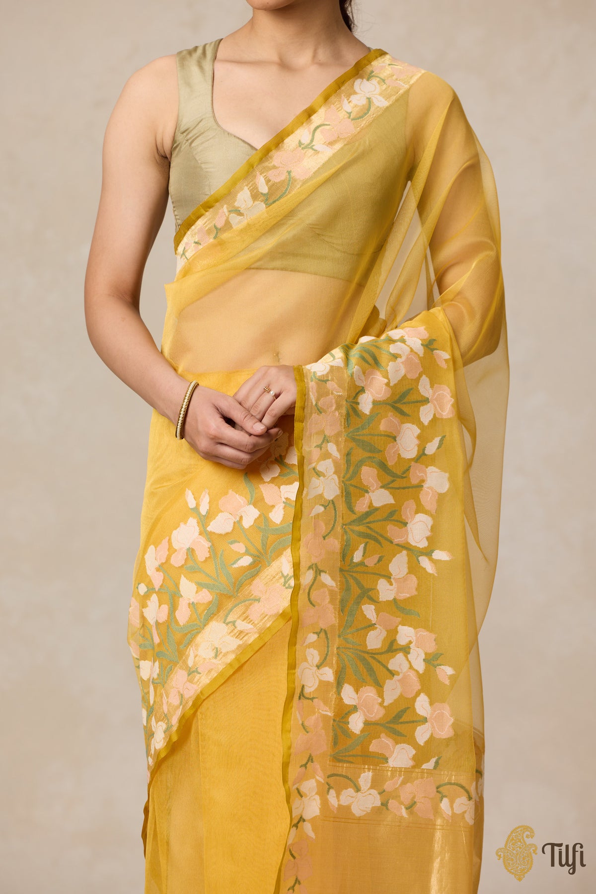 Pre-Order: &#39;A Sweep of Irises&#39; Yellow Pure Kora Silk Net Banarasi Handloom Saree