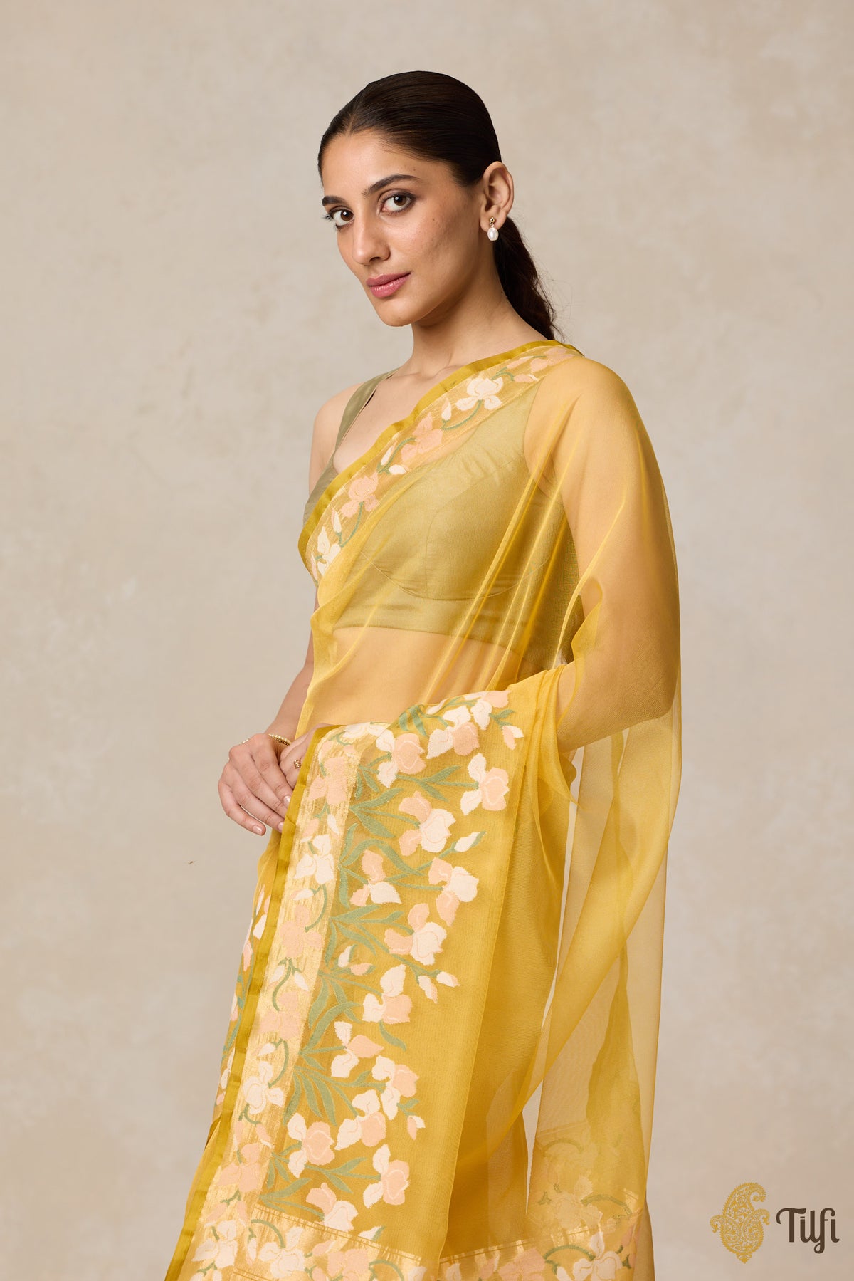 Pre-Order: &#39;A Sweep of Irises&#39; Yellow Pure Kora Silk Net Banarasi Handloom Saree