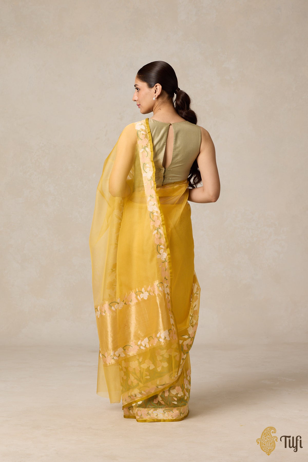 Pre-Order: &#39;A Sweep of Irises&#39; Yellow Pure Kora Silk Net Banarasi Handloom Saree