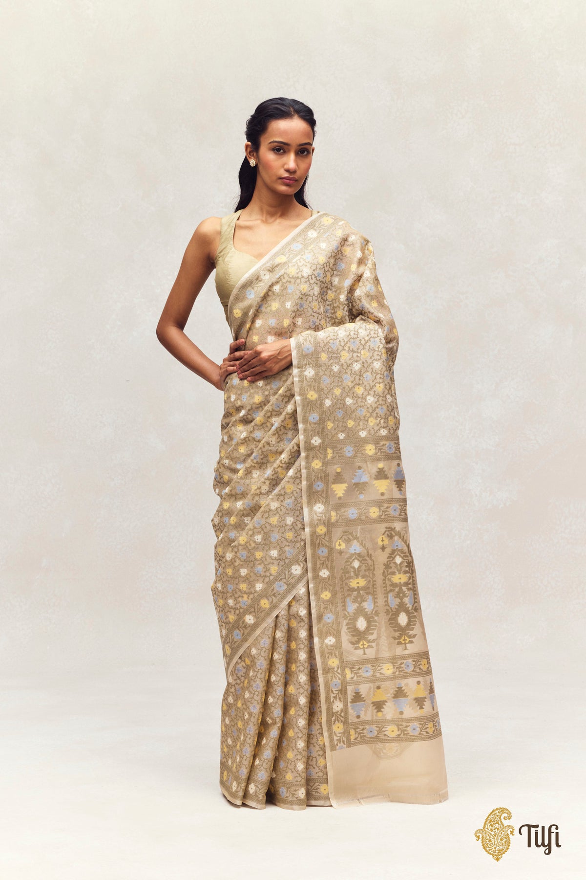 TRIAL 'Mother's Favourite' Beige Pure Kora Silk Handloom Banarasi Saree