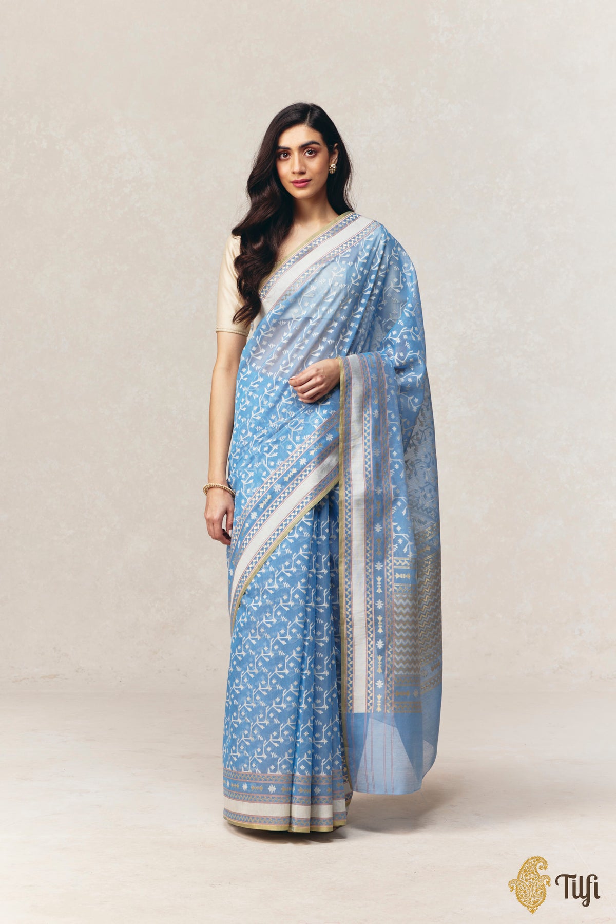 Blue Pure Kora by Cotton Banarasi Handloom Saree Green selvedge