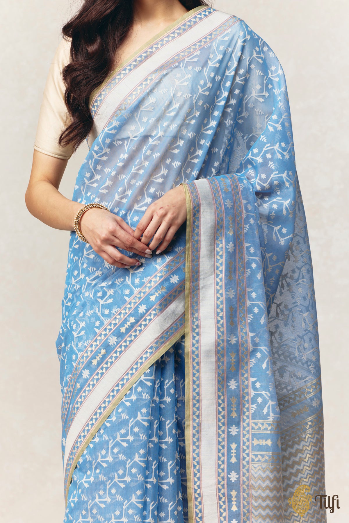 Blue Pure Kora by Cotton Banarasi Handloom Saree Green selvedge