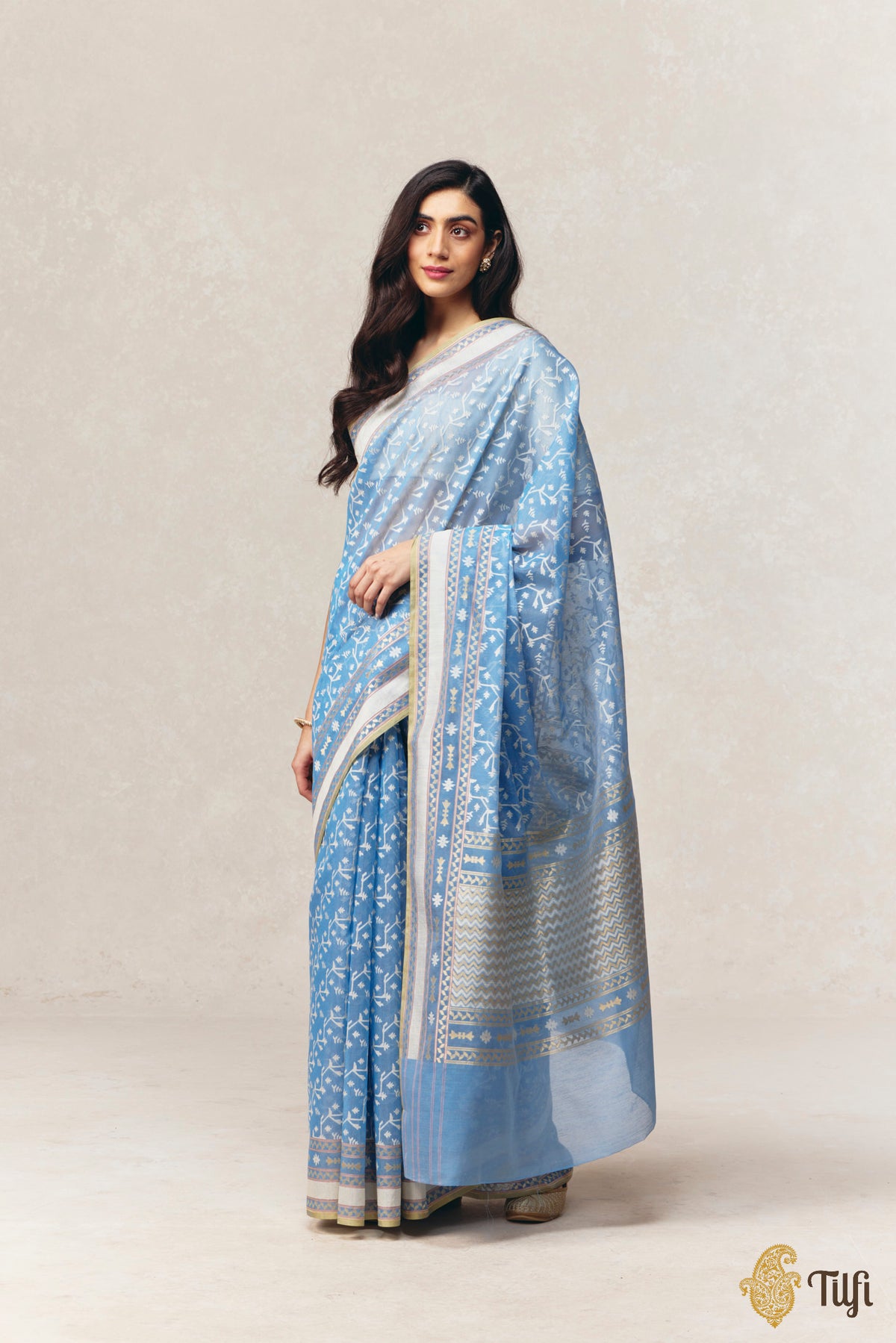 Blue Pure Kora by Cotton Banarasi Handloom Saree Green selvedge