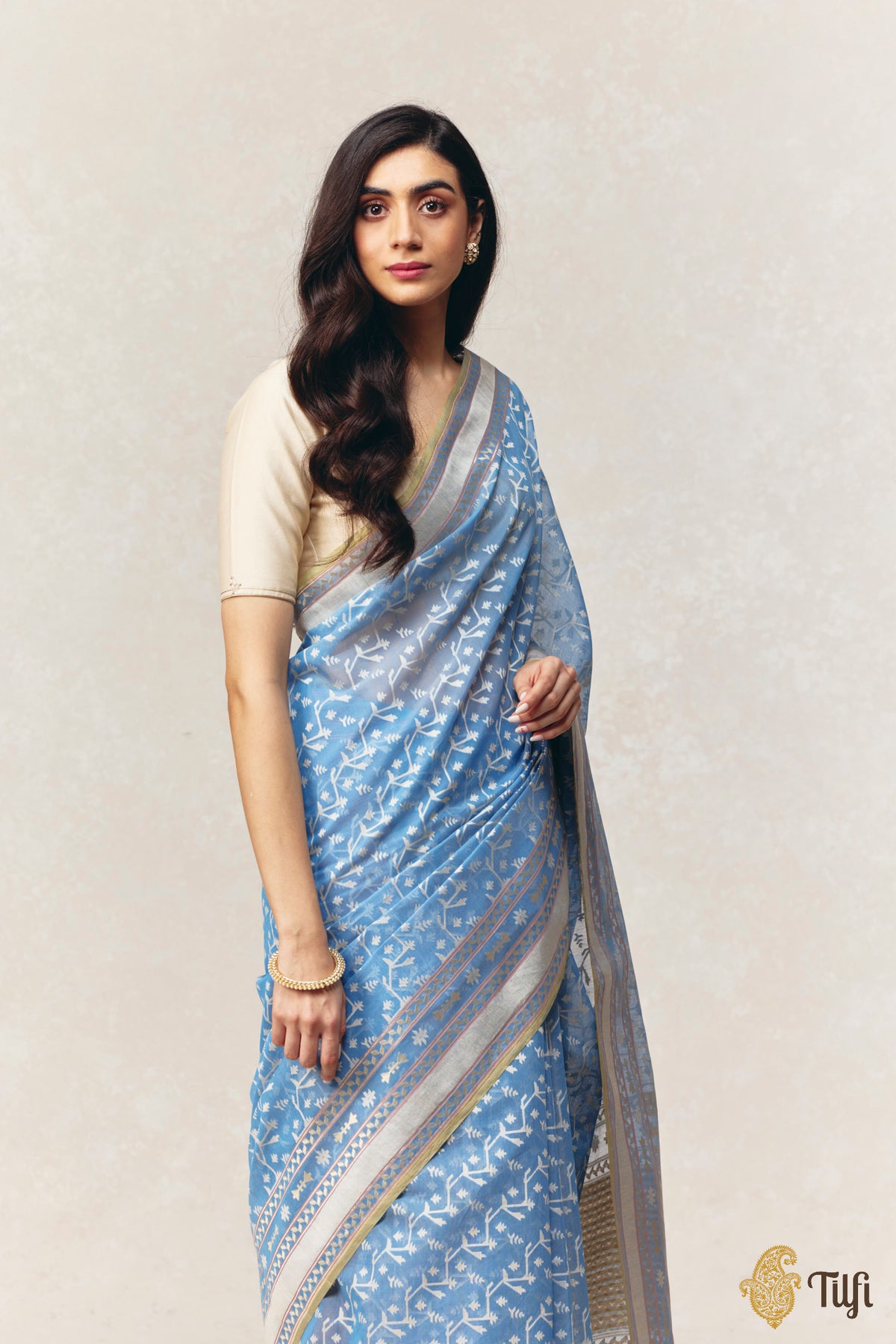 Blue Pure Kora by Cotton Banarasi Handloom Saree Green selvedge