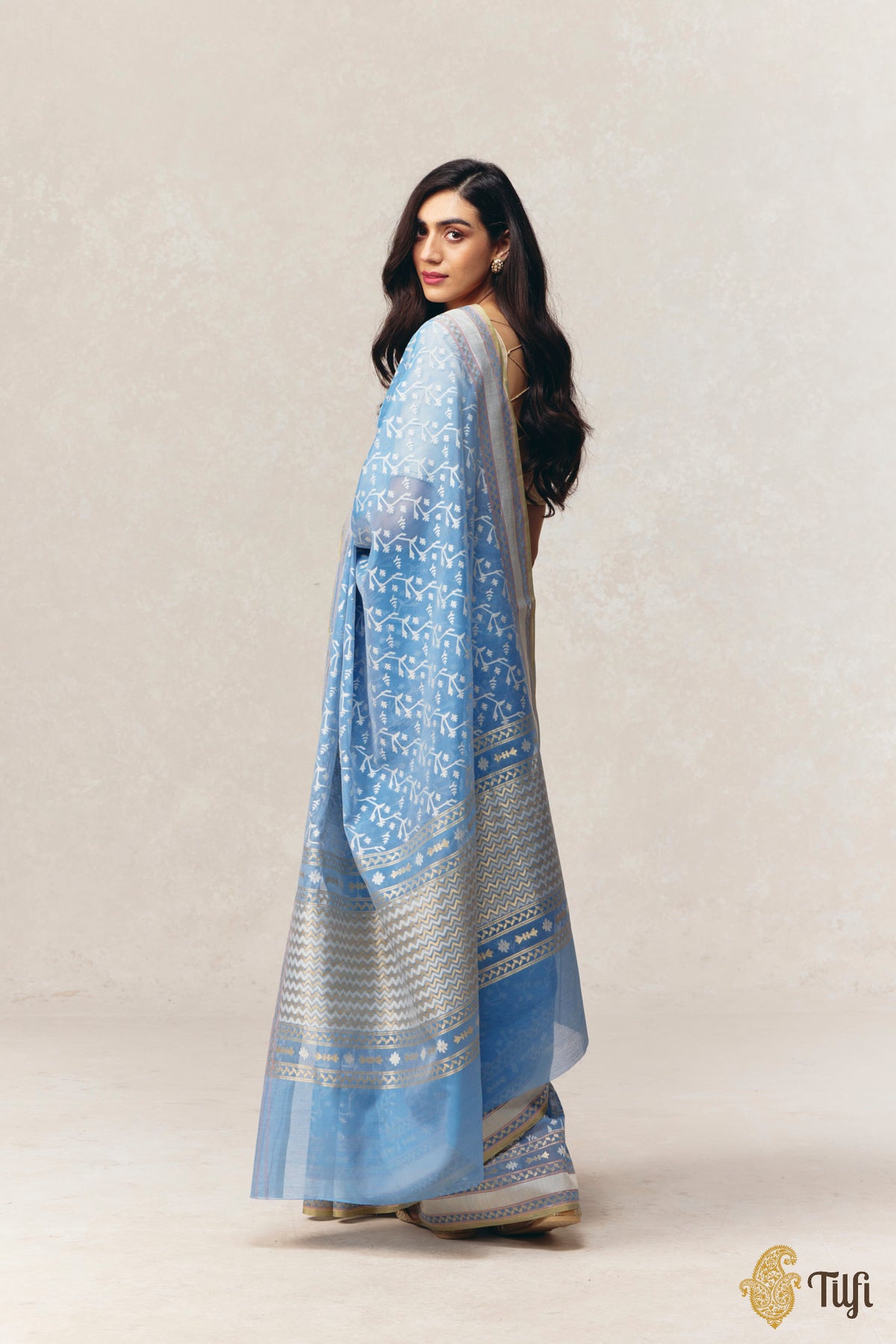 Blue Pure Kora by Cotton Banarasi Handloom Saree Green selvedge