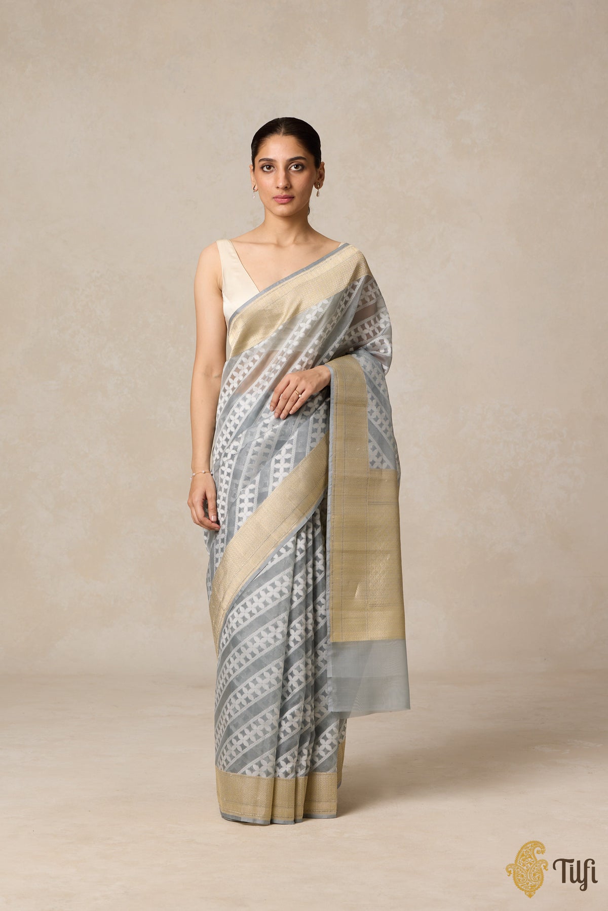 Grey Pure Kora Silk Banarasi Handloom Saree