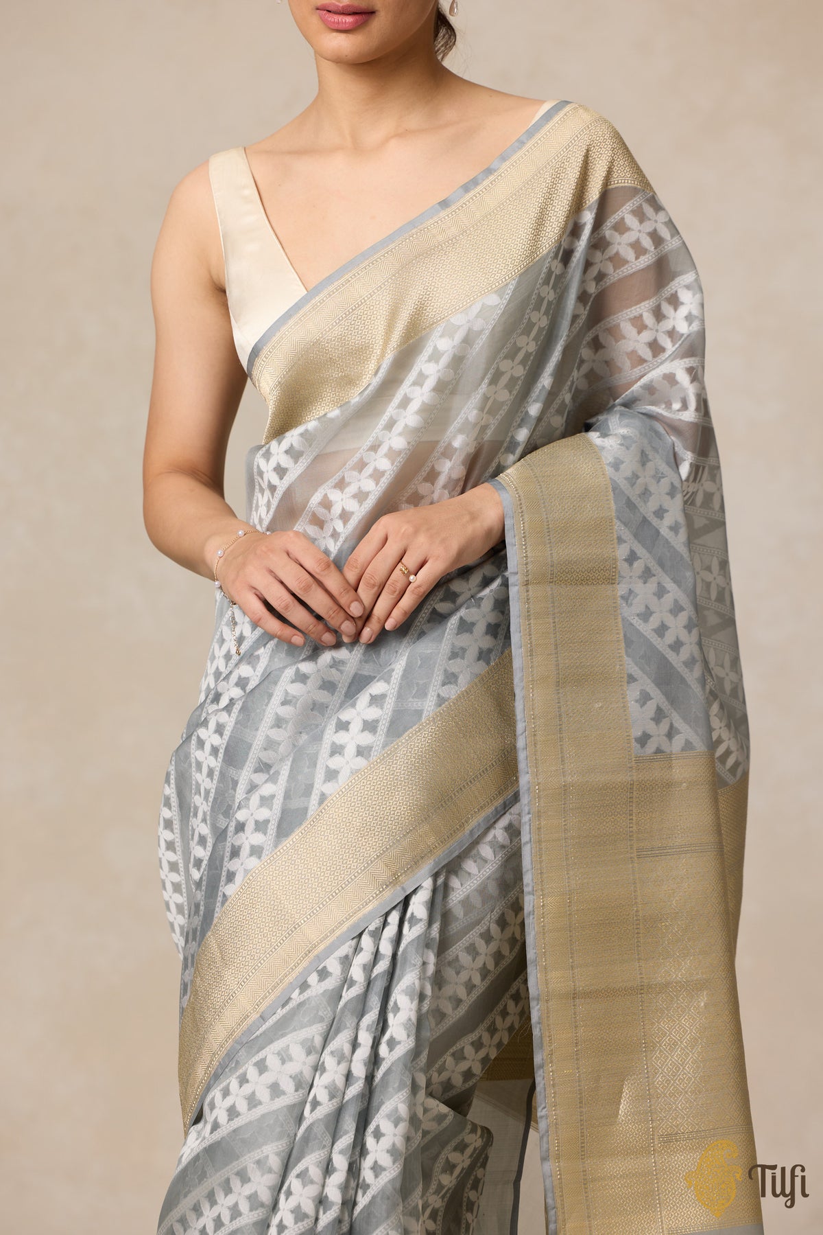 Grey Pure Kora Silk Banarasi Handloom Saree