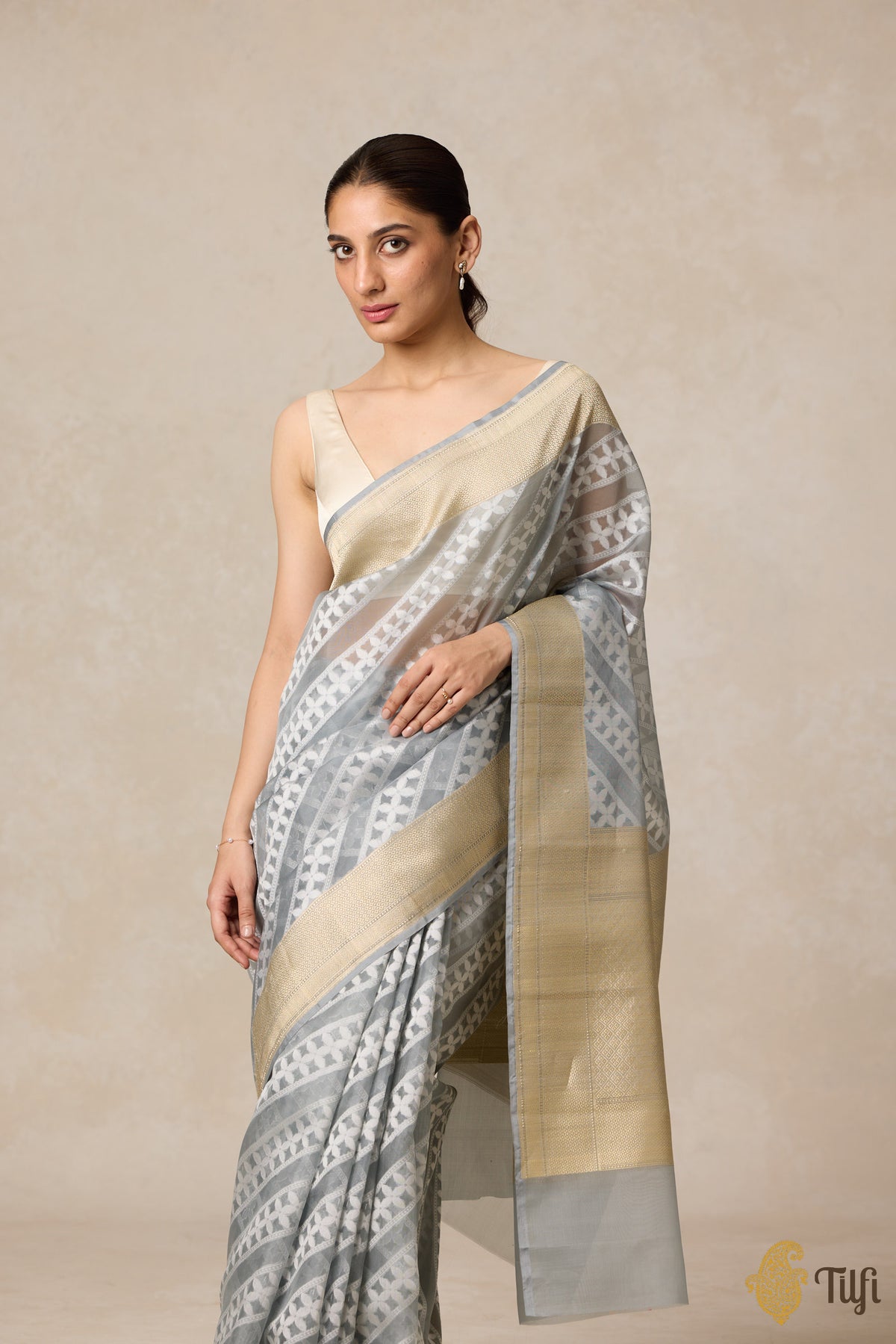 Grey Pure Kora Silk Banarasi Handloom Saree