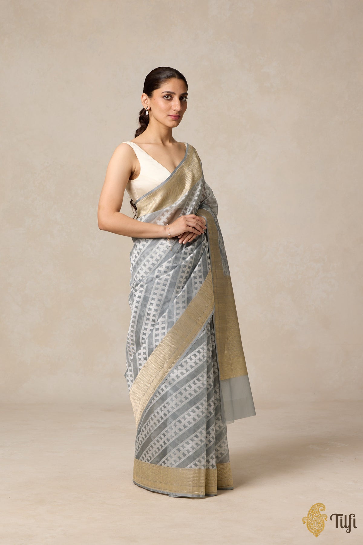 Grey Pure Kora Silk Banarasi Handloom Saree