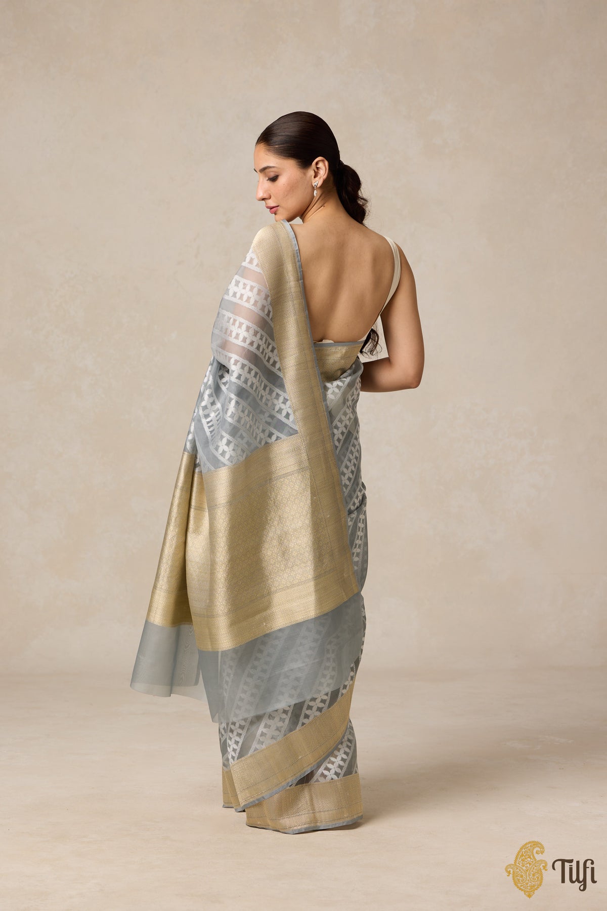 Grey Pure Kora Silk Banarasi Handloom Saree