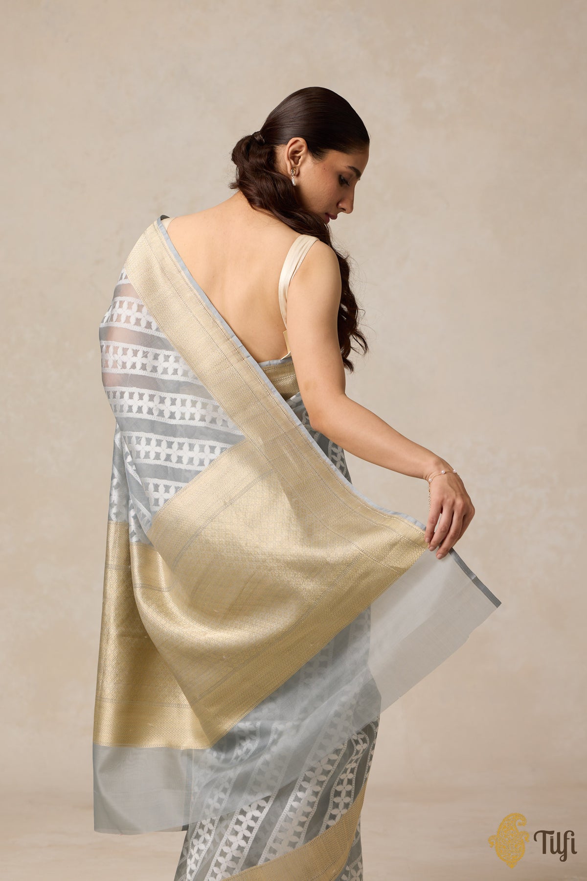 Grey Pure Kora Silk Banarasi Handloom Saree