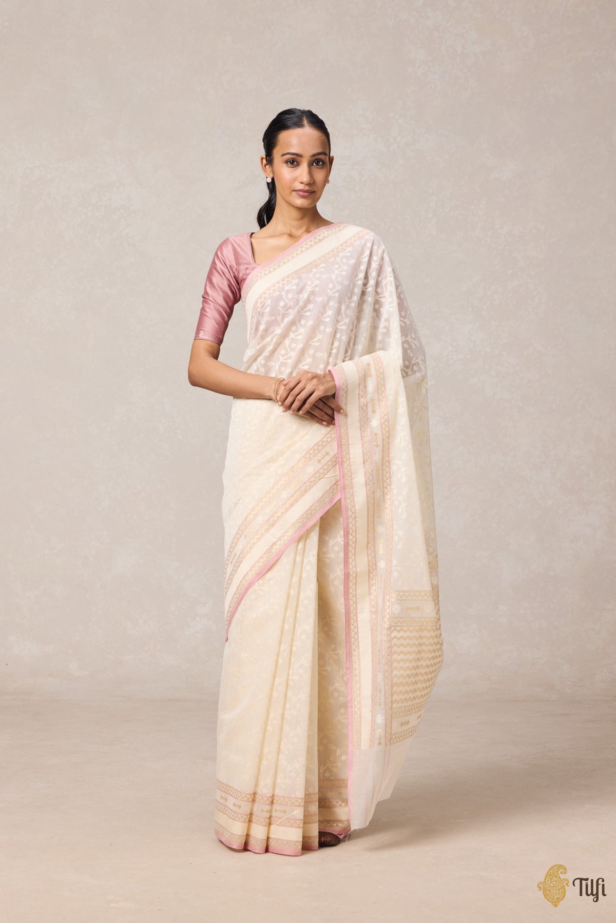Cream Pure Kora by Cotton Banarasi Handloom Saree