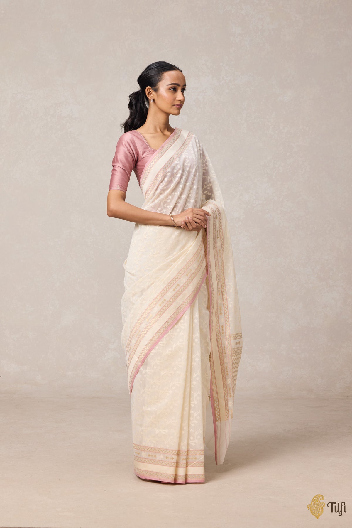Cream Pure Kora by Cotton Banarasi Handloom Saree