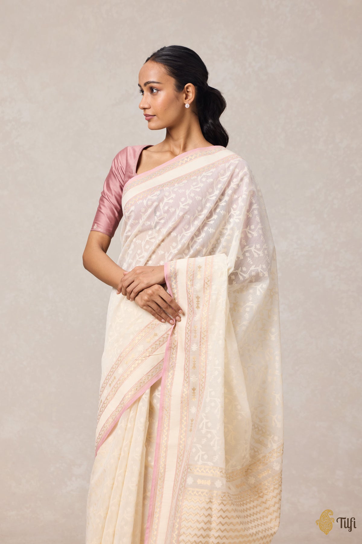 Cream Pure Kora by Cotton Banarasi Handloom Saree