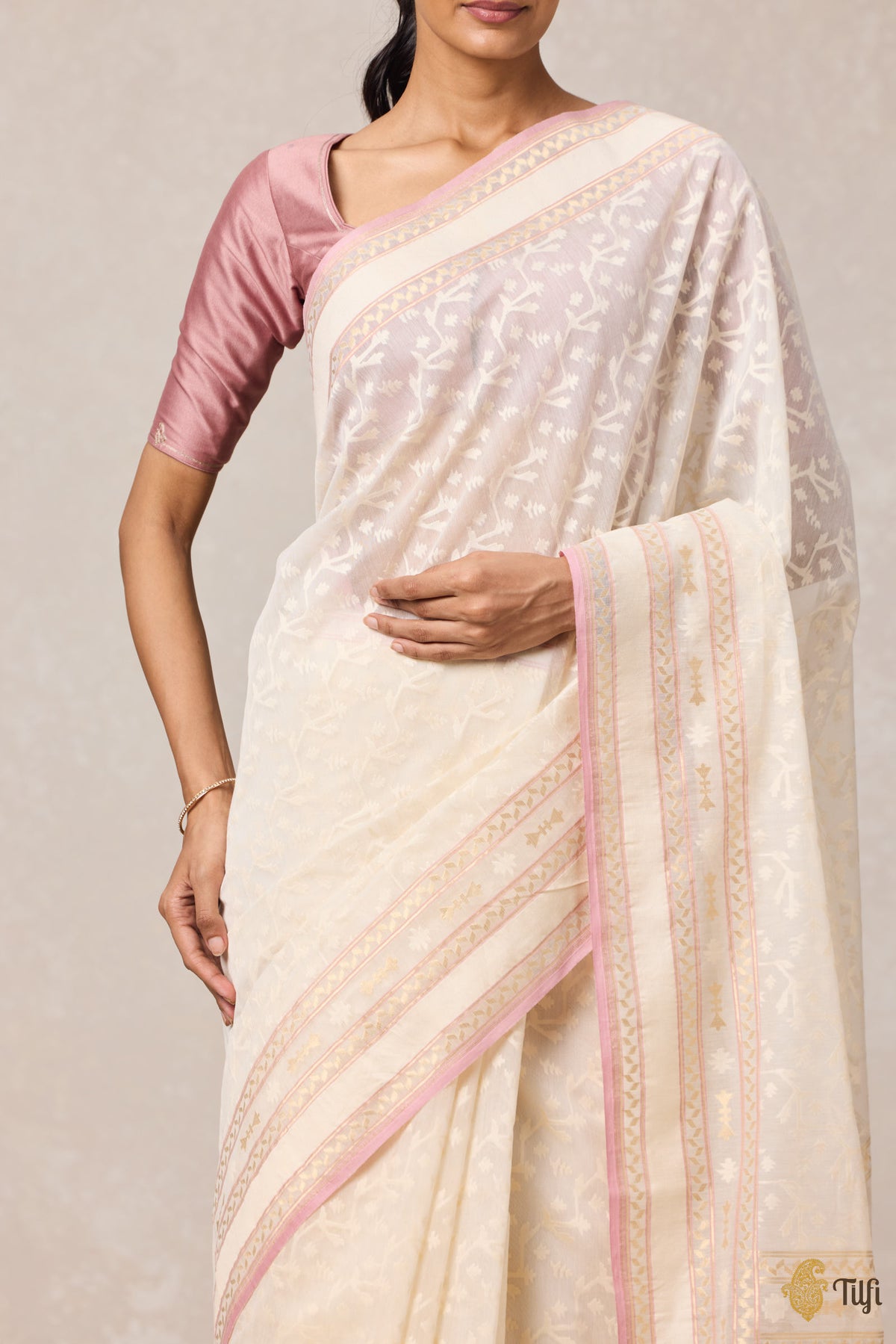 Cream Pure Kora by Cotton Banarasi Handloom Saree