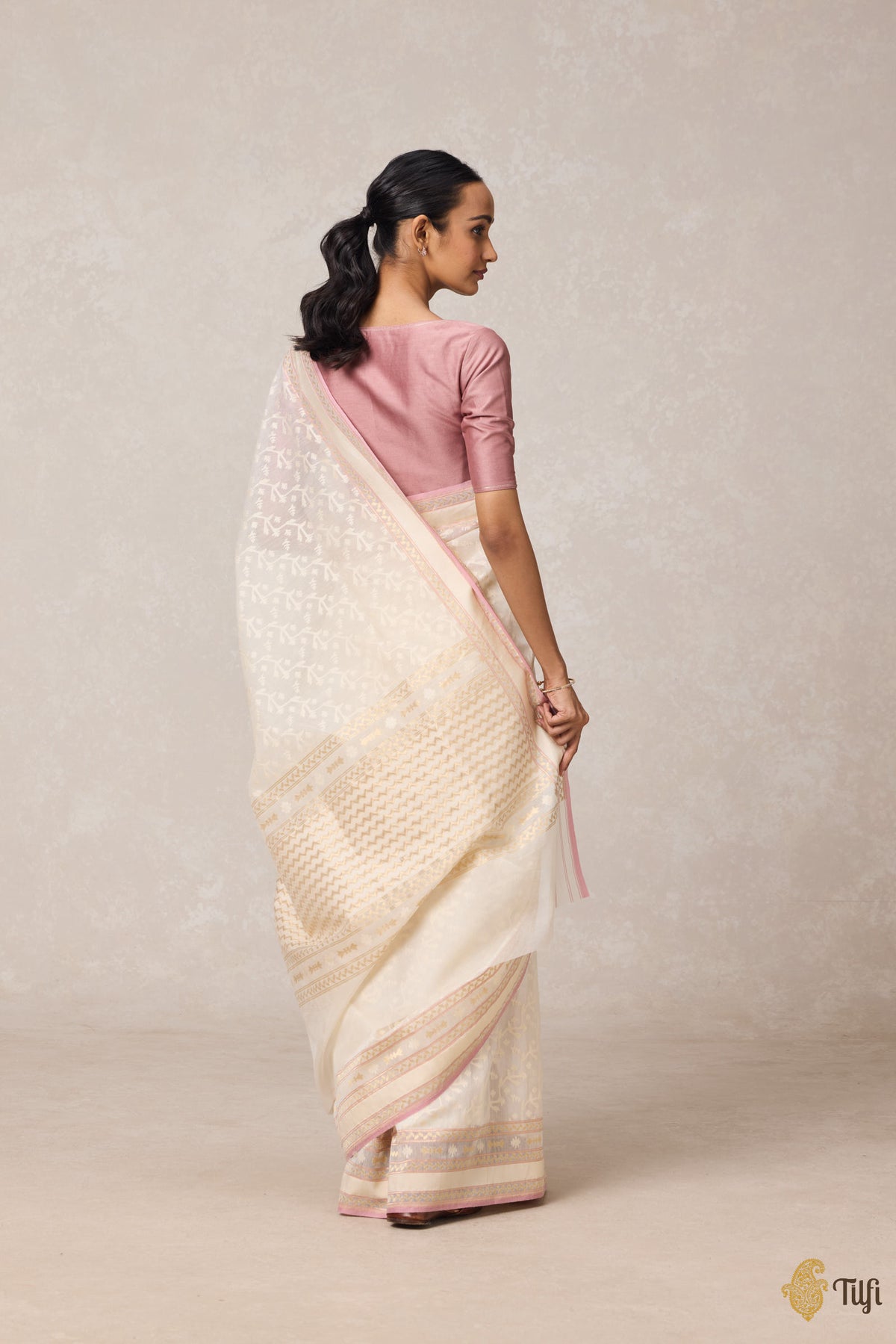 Cream Pure Kora by Cotton Banarasi Handloom Saree
