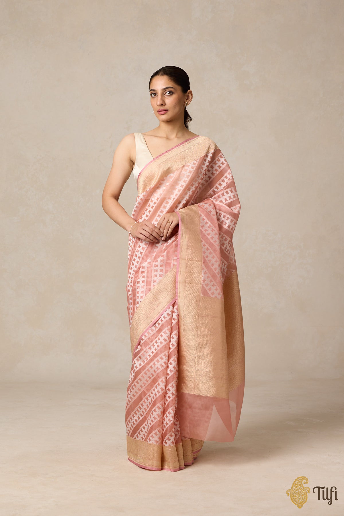 Peach Pure Kora Silk Banarasi Handloom Saree