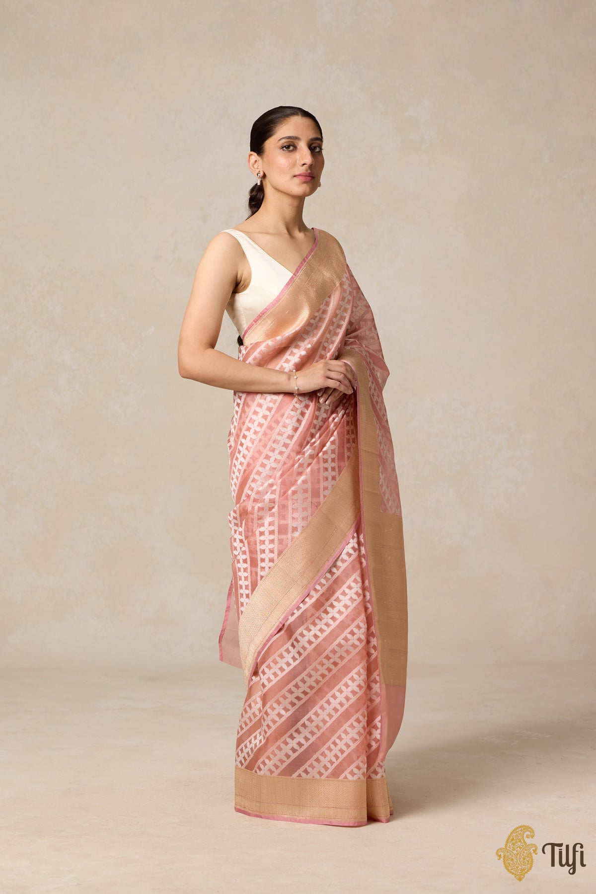 Peach Pure Kora Silk Banarasi Handloom Saree