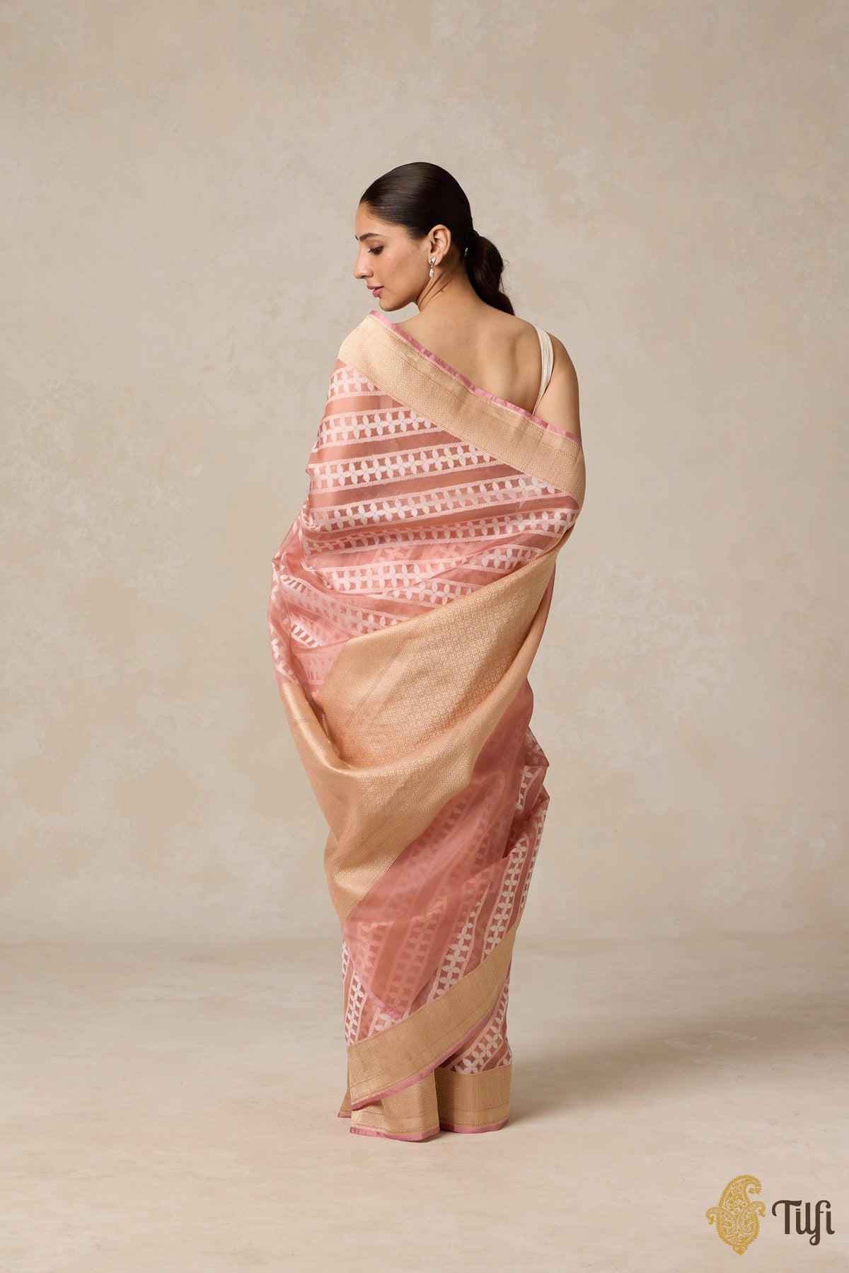 Peach Pure Kora Silk Banarasi Handloom Saree