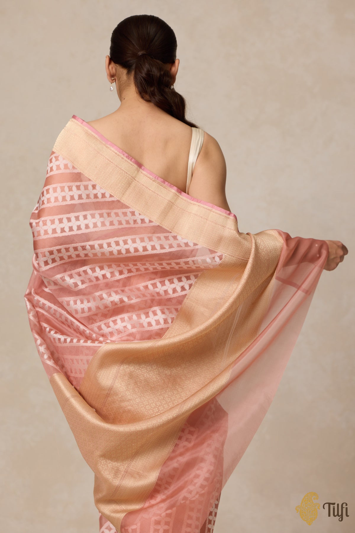 Peach Pure Kora Silk Banarasi Handloom Saree