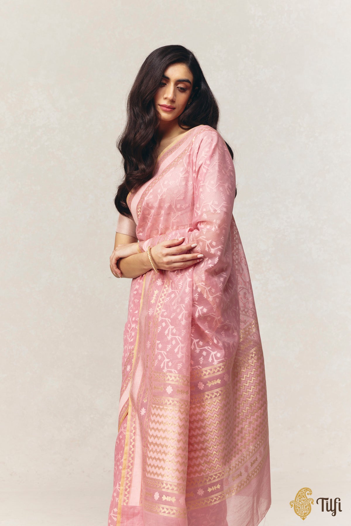 Light Pink Pure Kora by Cotton Banarasi Handloom Saree