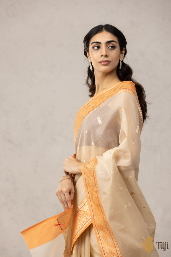 Beige-Yellow Pure Kora Silk Banarasi Handloom Saree - Tilfi