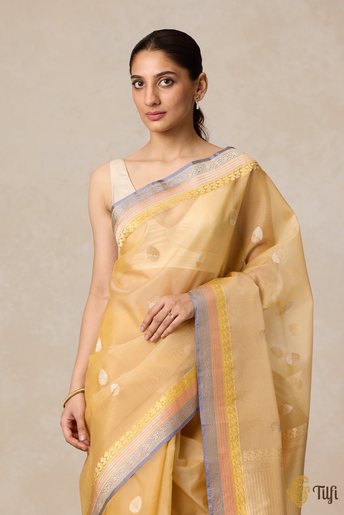 Pre-Order: Ivory-Yellow Pure Kora Silk Banarasi Handloom Saree