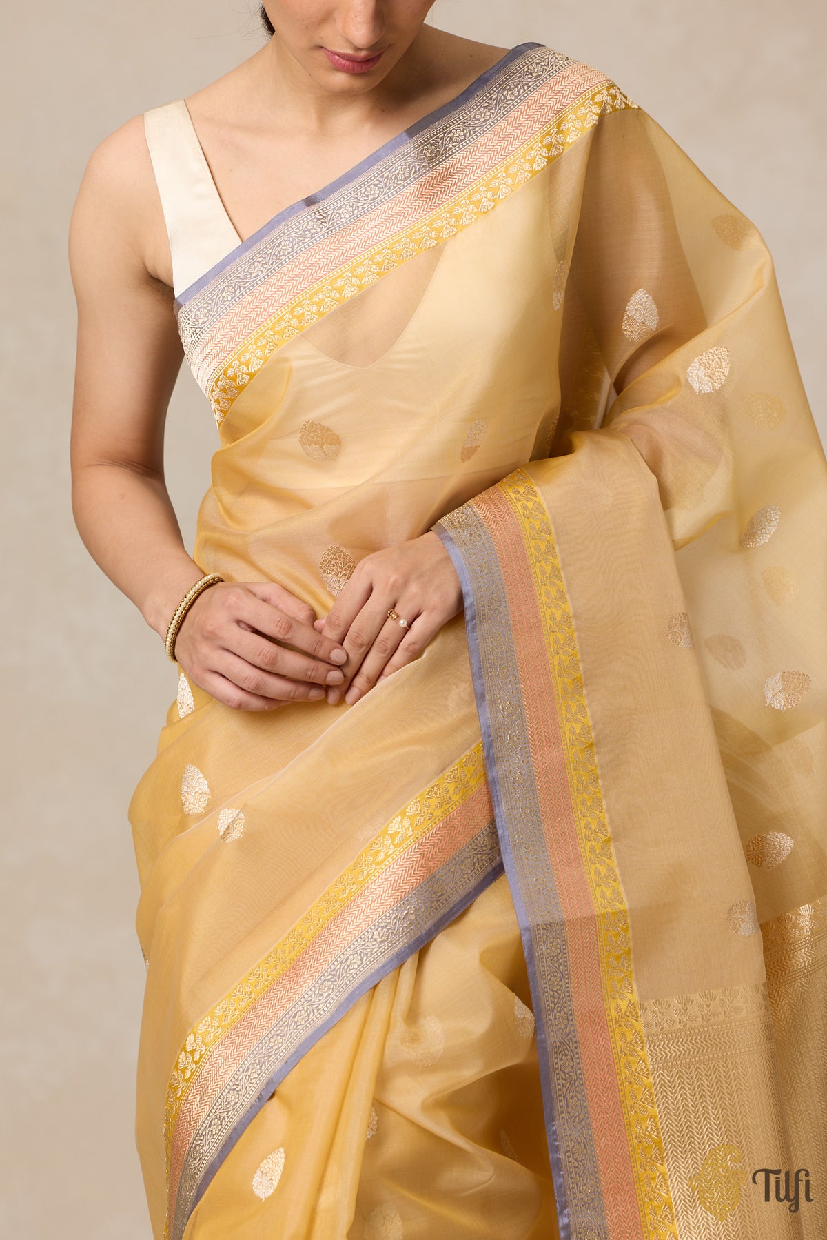 Pre-Order: Ivory-Yellow Pure Kora Silk Banarasi Handloom Saree