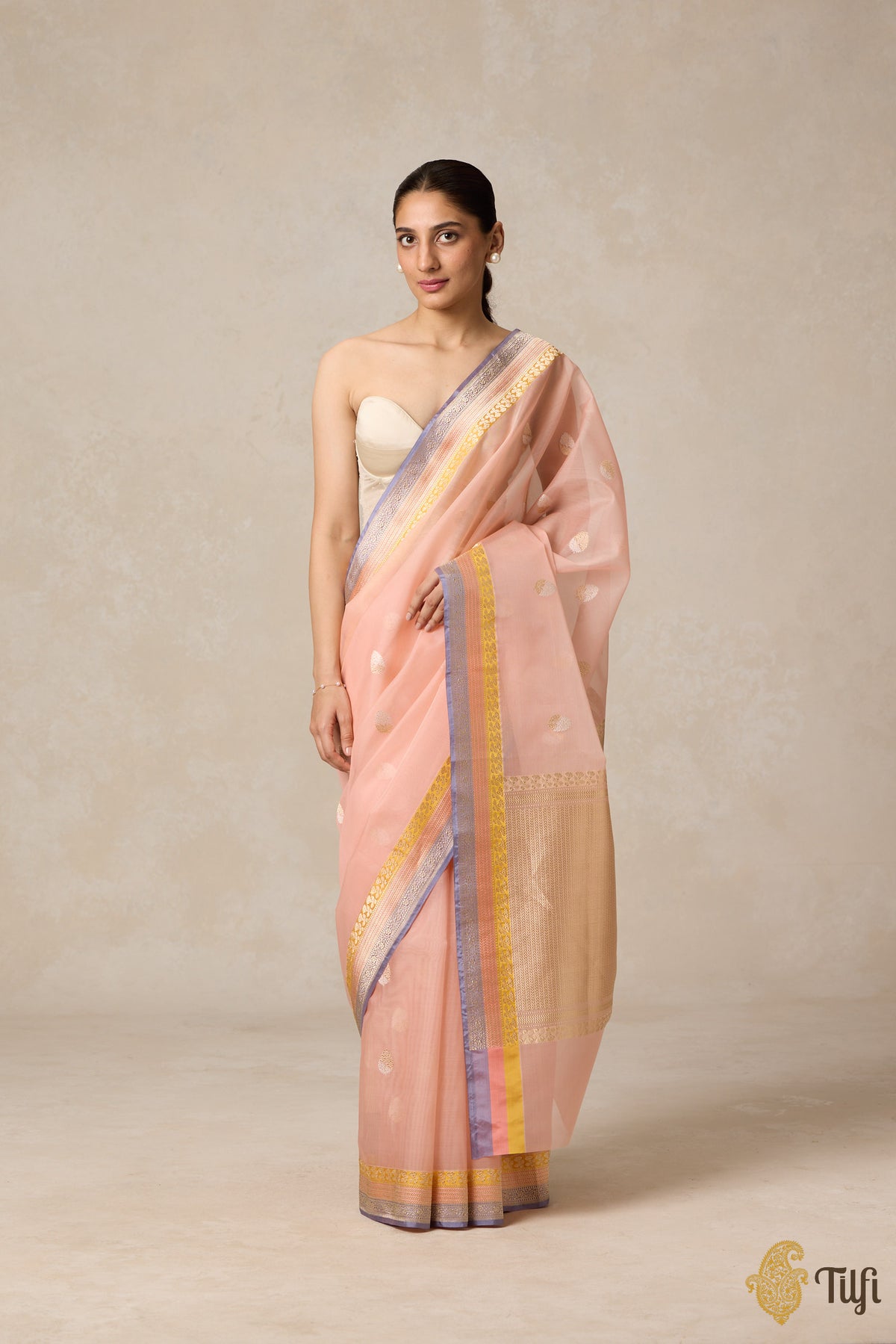 Light Peach Pure Kora Silk Banarasi Handloom Saree