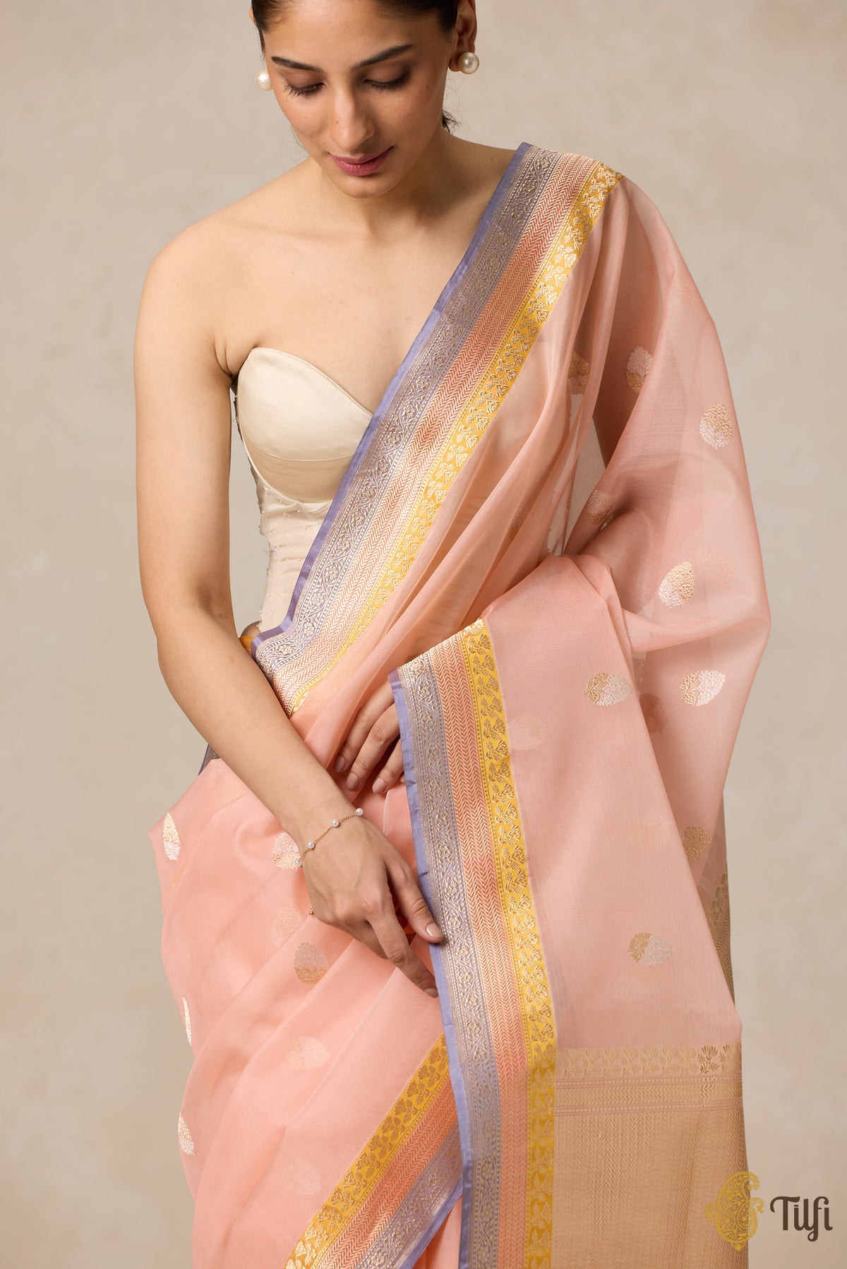 Light Peach Pure Kora Silk Banarasi Handloom Saree