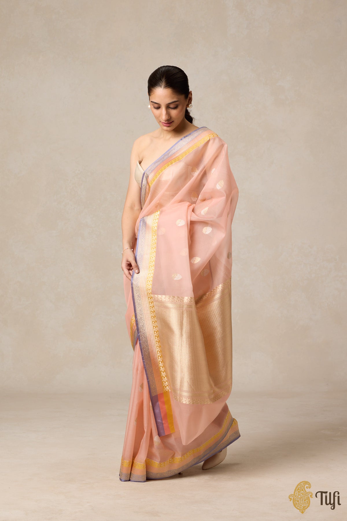 Light Peach Pure Kora Silk Banarasi Handloom Saree