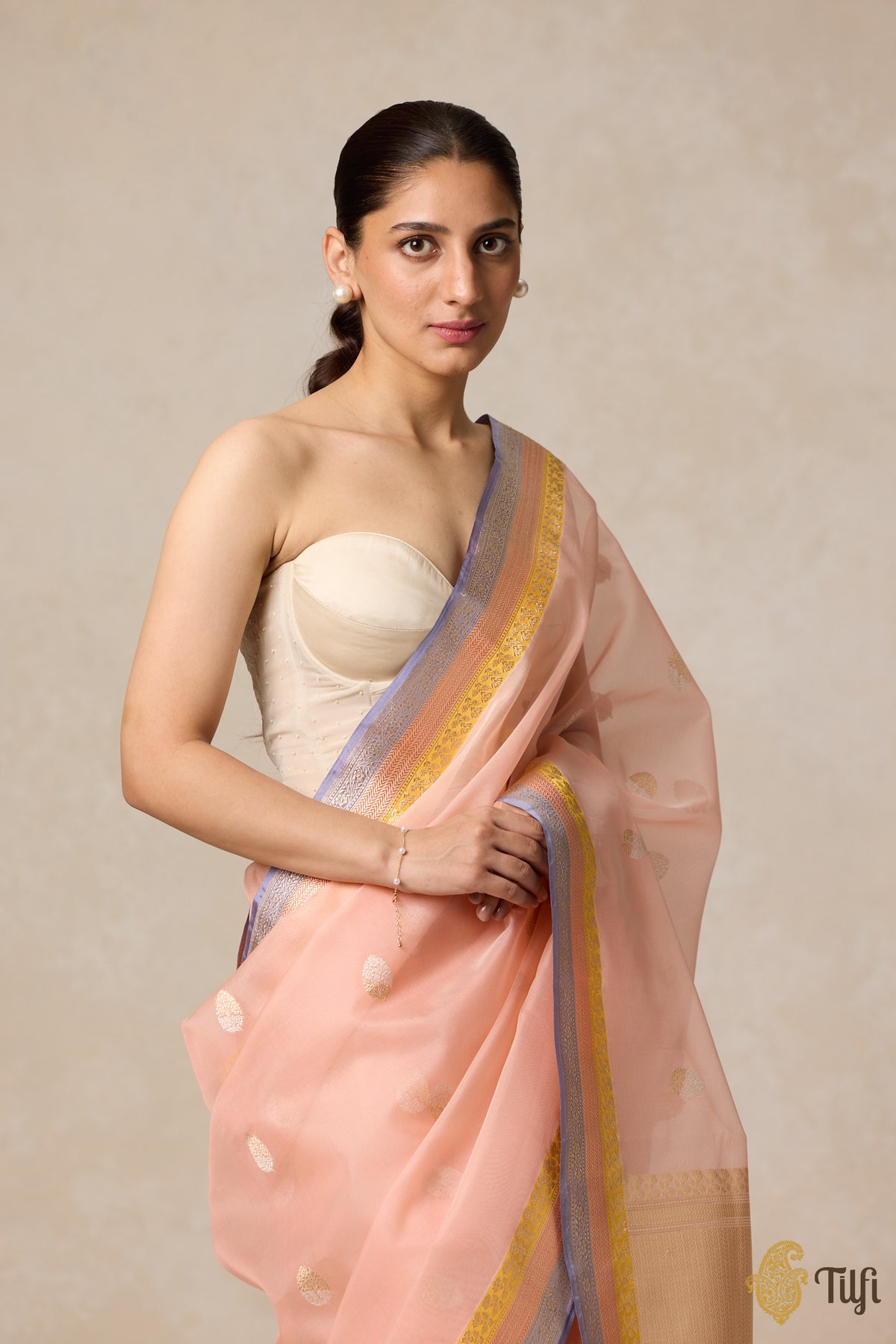 Light Peach Pure Kora Silk Banarasi Handloom Saree