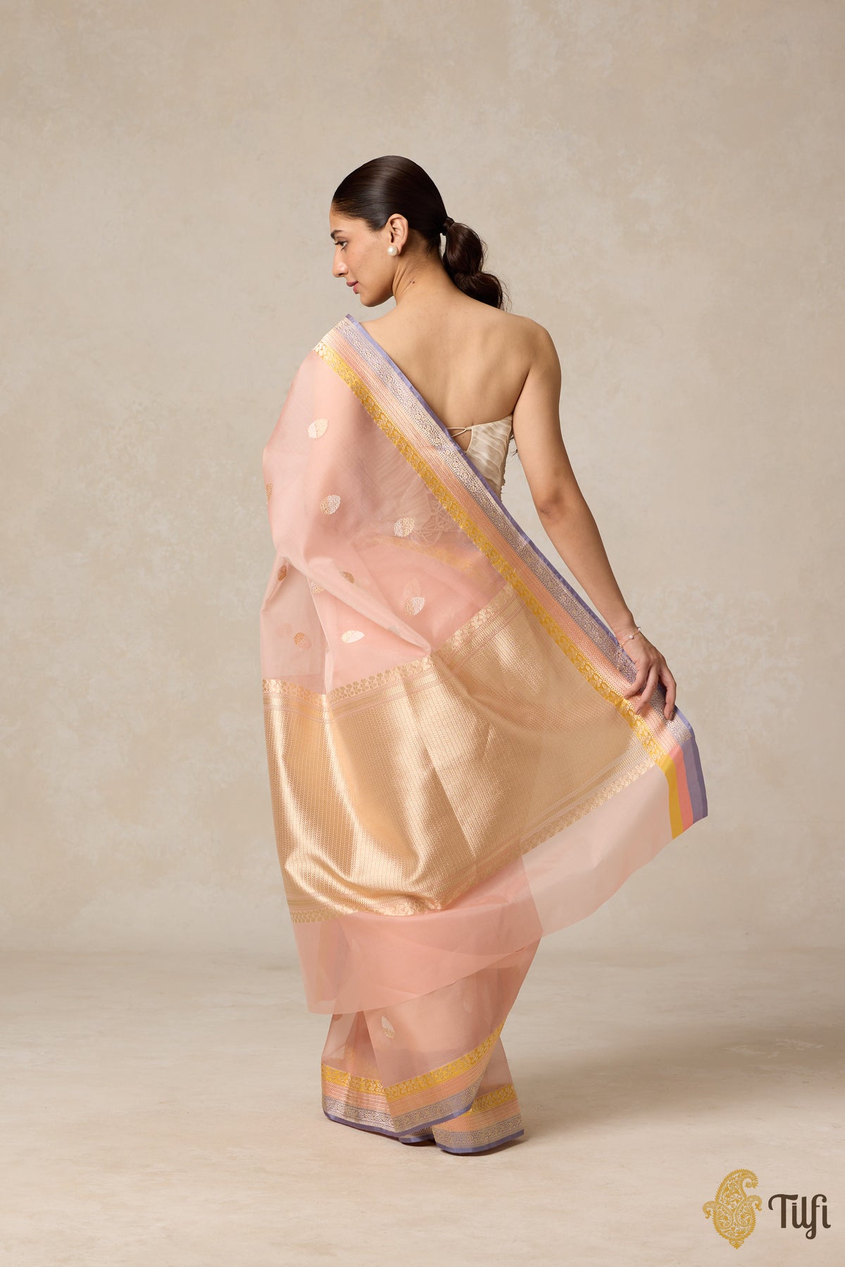 Light Peach Pure Kora Silk Banarasi Handloom Saree