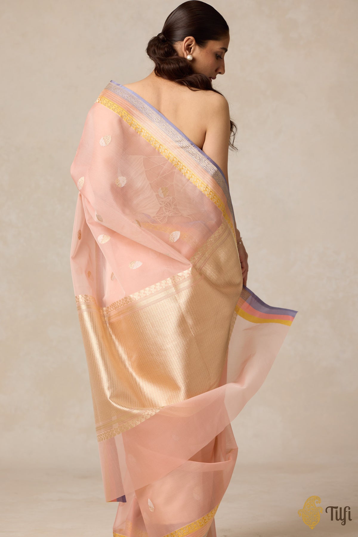 Light Peach Pure Kora Silk Banarasi Handloom Saree