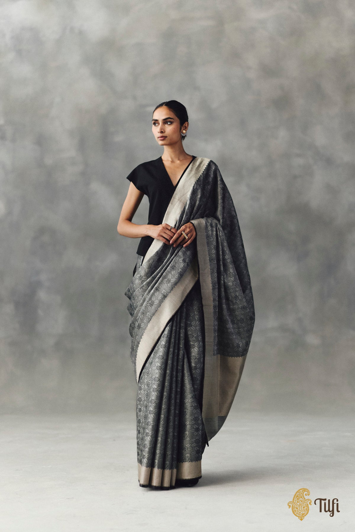 'Rekha' Grey-Black Pure Kora by Cotton Satin Banarasi Handloom Saree