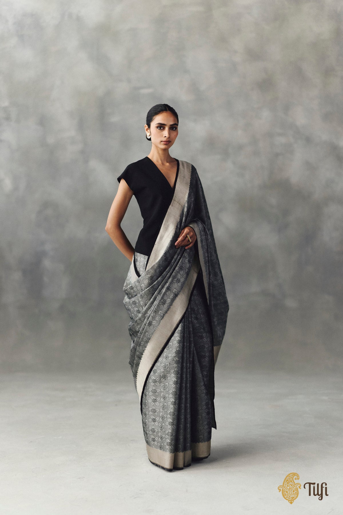 'Rekha' Grey-Black Pure Kora by Cotton Satin Banarasi Handloom Saree