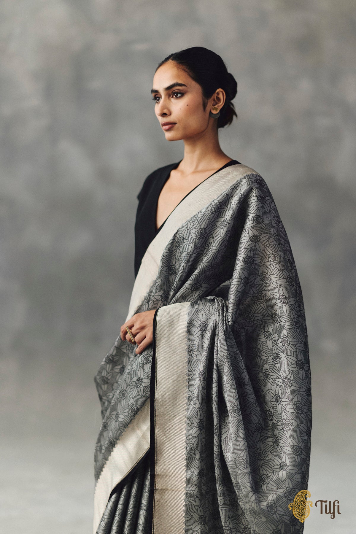'Rekha' Grey-Black Pure Kora by Cotton Satin Banarasi Handloom Saree