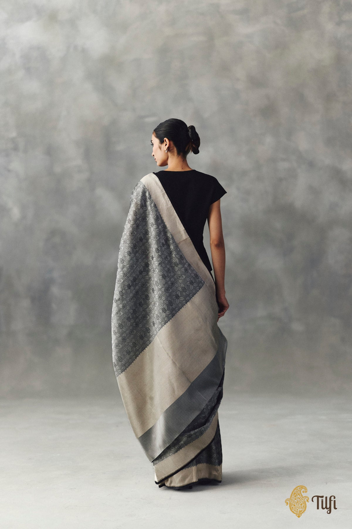 'Rekha' Grey-Black Pure Kora by Cotton Satin Banarasi Handloom Saree