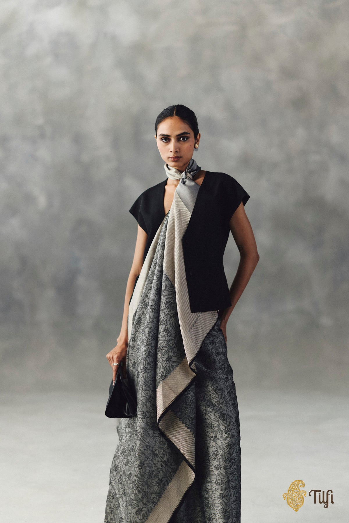 'Rekha' Grey-Black Pure Kora by Cotton Satin Banarasi Handloom Saree